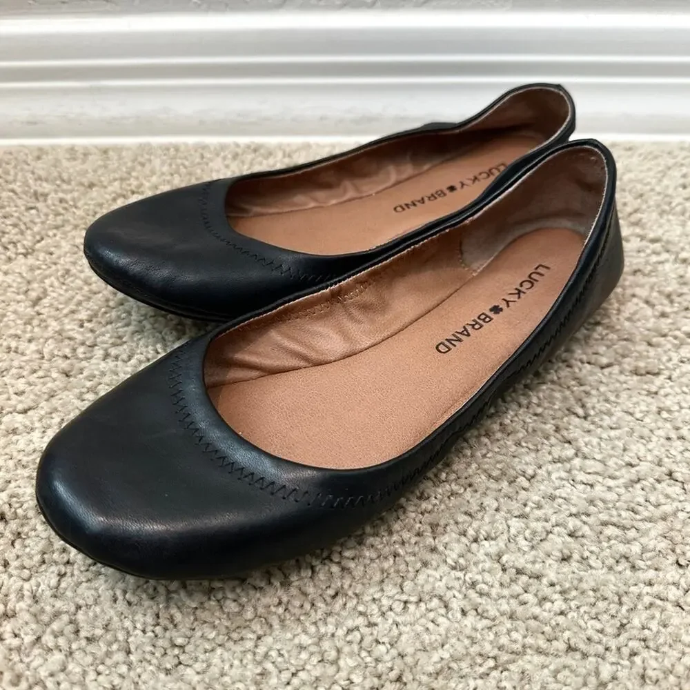 LUCKY BRAND Black Leather Round Toe Ballet Flats Slip On Women’s Size 6.5
